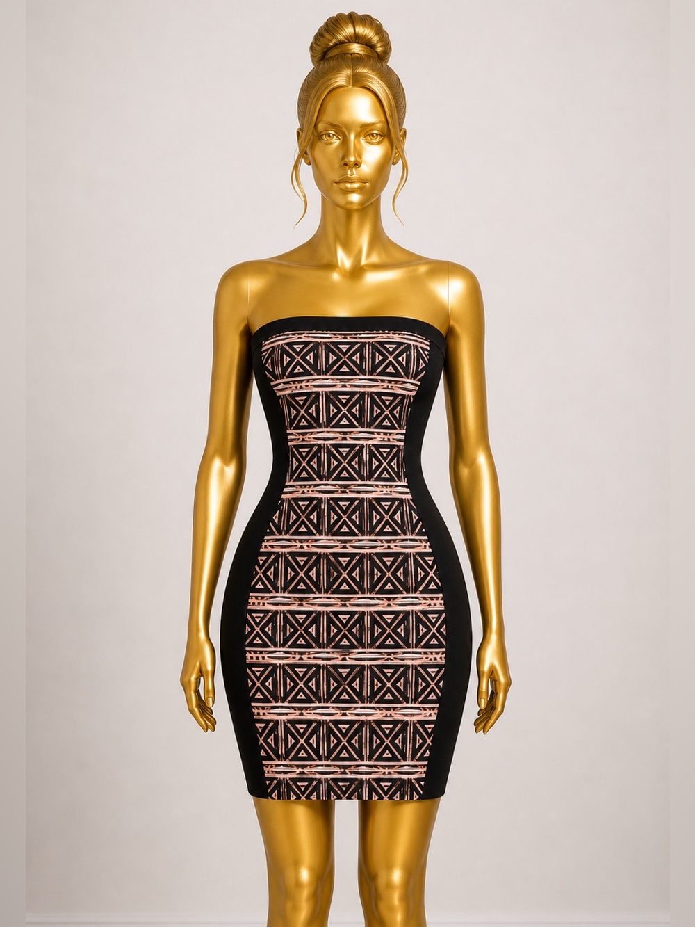 Boohoo Strapless Black Pink Geometric Bodycon Mini Dress - Size 6